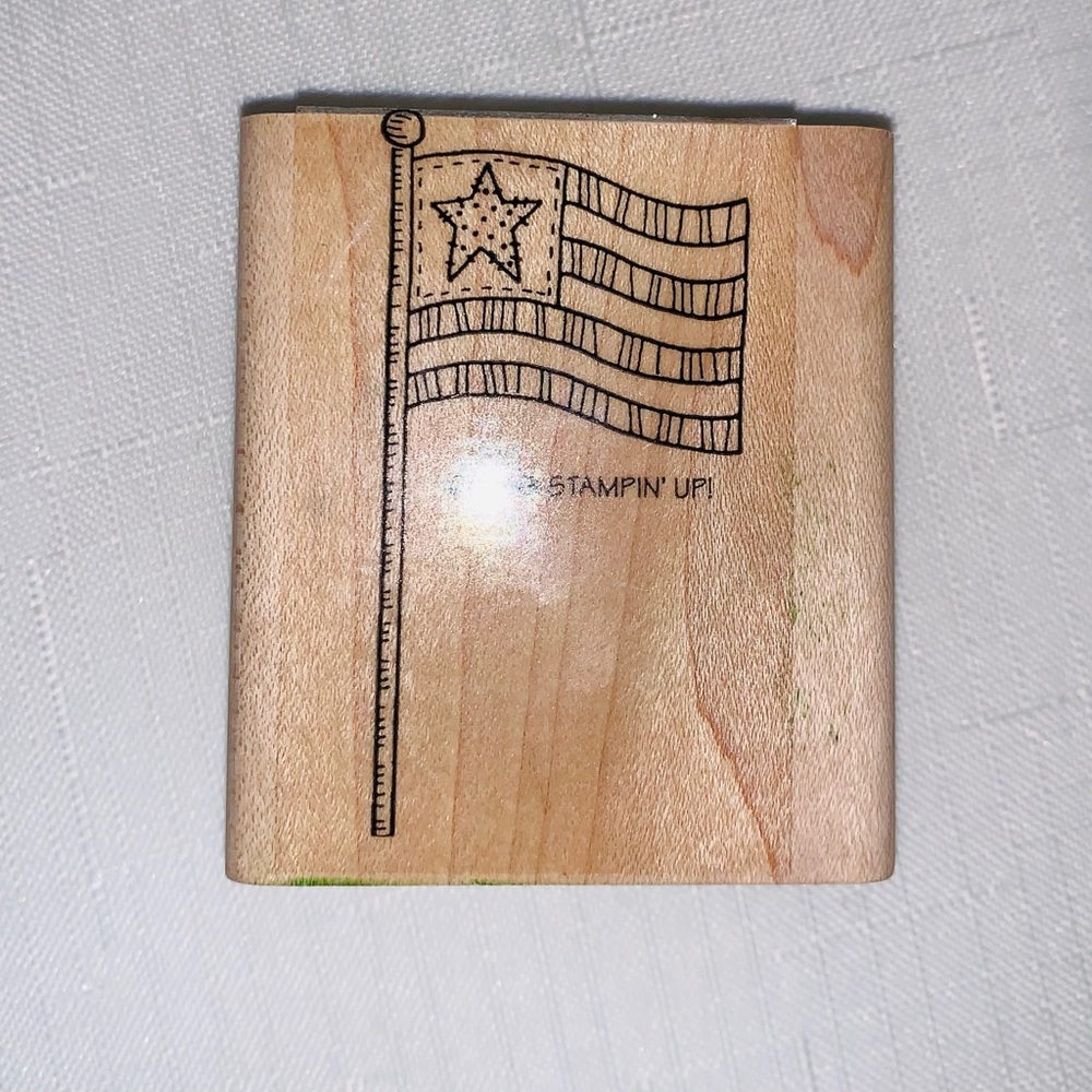 Vintage 1999 Stampin Up Retired American Flag Stamping Stamp Rubber Wood Mount